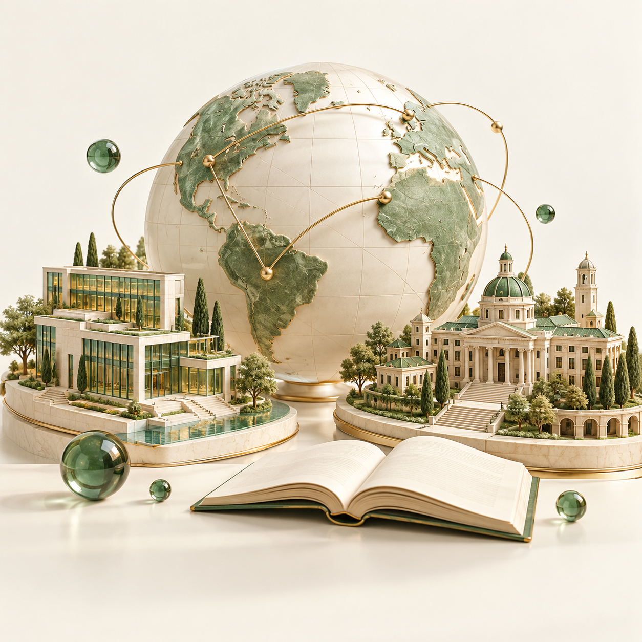 3D illustration of a pearl globe, university campuses and golden international connections